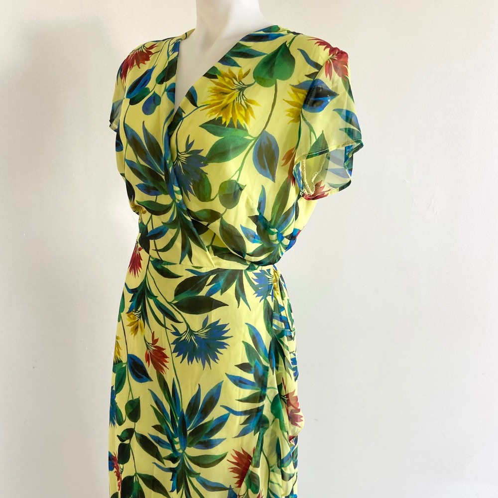 Taylor Lime Green Floral Chiffon Faux Wrap Maxi Dress Sz 14 Tropical Ruffle Hem - Picture 4 of 8